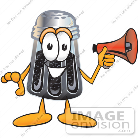 #25126 Clip Art Graphic of a Ground Pepper Shaker Cartoon Character Screaming Into a Megaphone by toons4biz