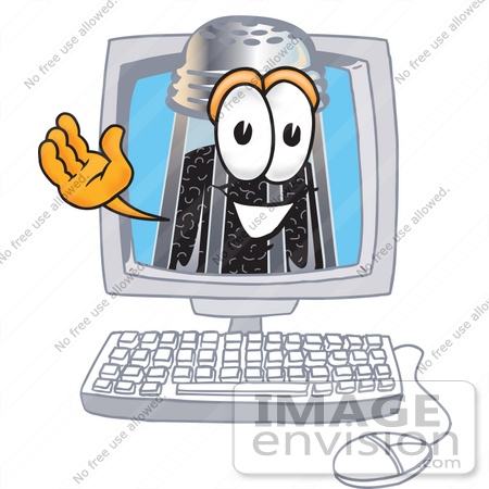 #25142 Clip Art Graphic of a Ground Pepper Shaker Cartoon Character Waving From Inside a Computer Screen by toons4biz