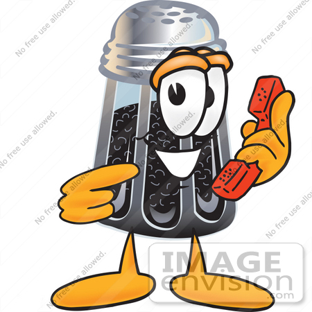 #25144 Clip Art Graphic of a Ground Pepper Shaker Cartoon Character Holding a Telephone by toons4biz