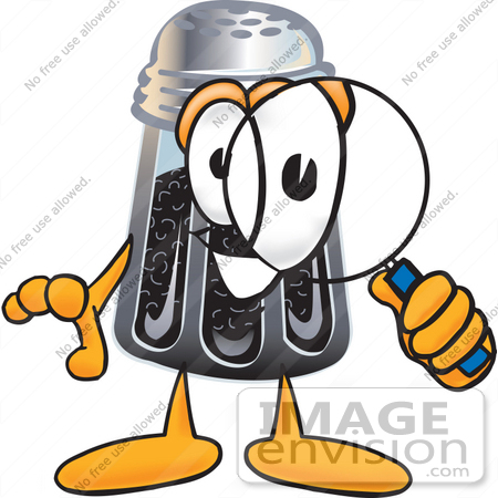 #25146 Clip Art Graphic of a Ground Pepper Shaker Cartoon Character Looking Through a Magnifying Glass by toons4biz