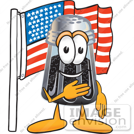 #25148 Clip Art Graphic of a Ground Pepper Shaker Cartoon Character Pledging Allegiance to an American Flag by toons4biz