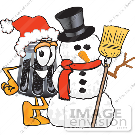 #25149 Clip Art Graphic of a Ground Pepper Shaker Cartoon Character With a Snowman on Christmas by toons4biz