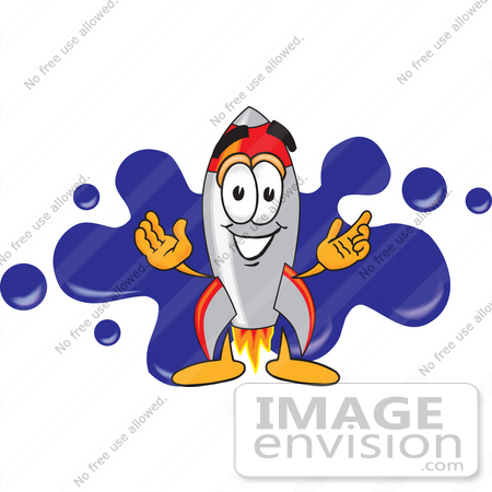 #25157 Clip Art Graphic of a Space Rocket Cartoon Character Logo With Blue Paint Splatters by toons4biz