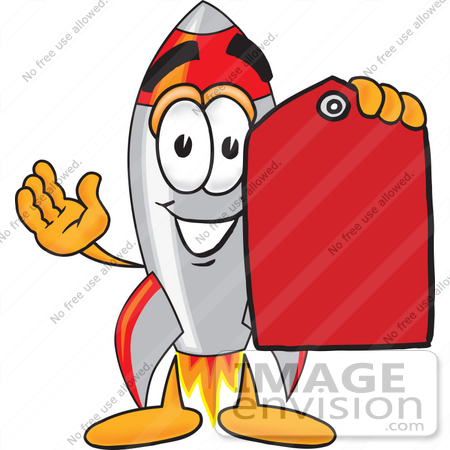 #25160 Clip Art Graphic of a Space Rocket Cartoon Character Holding a Red Sales Price Tag by toons4biz