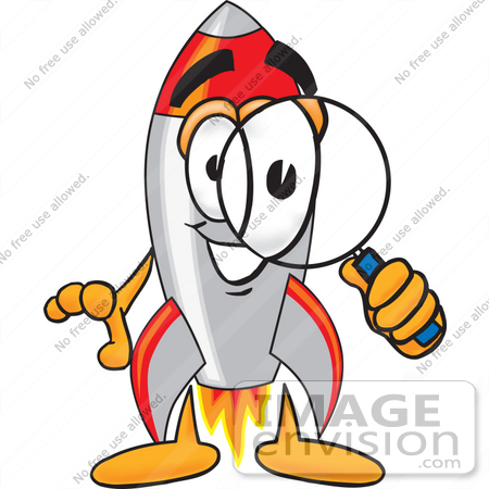 #25165 Clip Art Graphic of a Space Rocket Cartoon Character Looking Through a Magnifying Glass by toons4biz