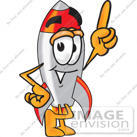 #25167 Clip Art Graphic of a Space Rocket Cartoon Character Pointing Upwards by toons4biz