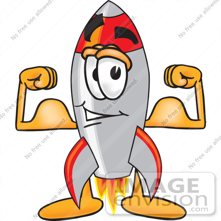 #25170 Clip Art Graphic of a Space Rocket Cartoon Character Flexing His Arm Muscles by toons4biz
