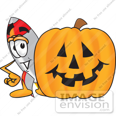 #25171 Clip Art Graphic of a Space Rocket Cartoon Character With a Carved Halloween Pumpkin by toons4biz