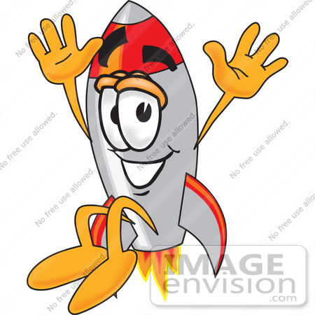 #25175 Clip Art Graphic of a Space Rocket Cartoon Character Jumping by toons4biz