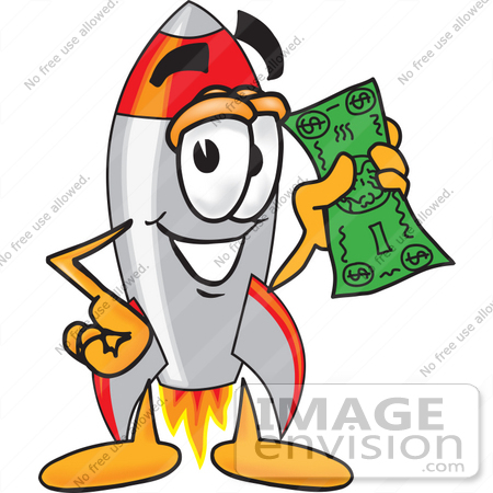 #25177 Clip Art Graphic of a Space Rocket Cartoon Character Holding a Dollar Bill by toons4biz