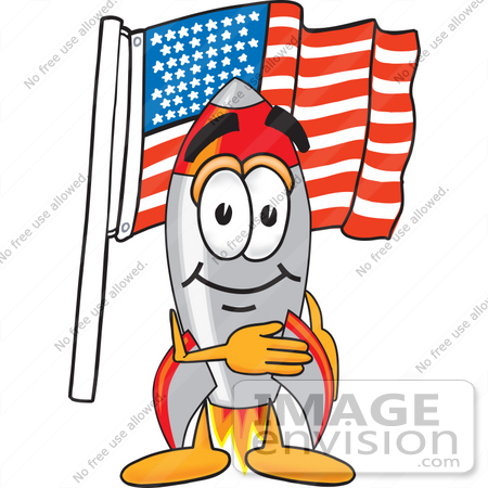 #25178 Clip Art Graphic of a Space Rocket Cartoon Character Pledging Allegiance to an American Flag by toons4biz