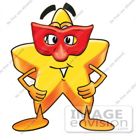 #25183 Clip Art Graphic of a Yellow Star Cartoon Character Wearing a Red Mask Over His Face by toons4biz