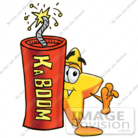 #25184 Clip Art Graphic of a Yellow Star Cartoon Character Standing With a Lit Stick of Dynamite by toons4biz