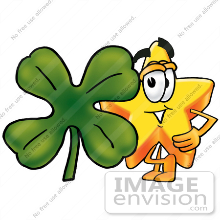 #25185 Clip Art Graphic of a Yellow Star Cartoon Character With a Green Four Leaf Clover on St Paddy’s or St Patricks Day by toons4biz