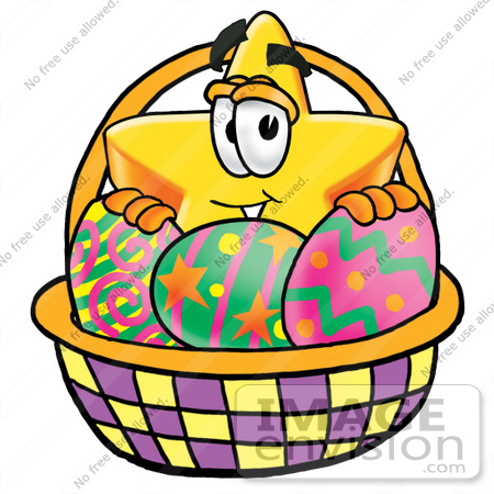 #25186 Clip Art Graphic of a Yellow Star Cartoon Character in an Easter Basket Full of Decorated Easter Eggs by toons4biz