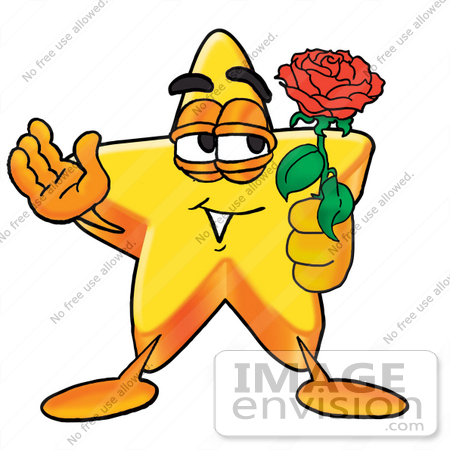 #25187 Clip Art Graphic of a Yellow Star Cartoon Character Holding a Red Rose on Valentines Day by toons4biz