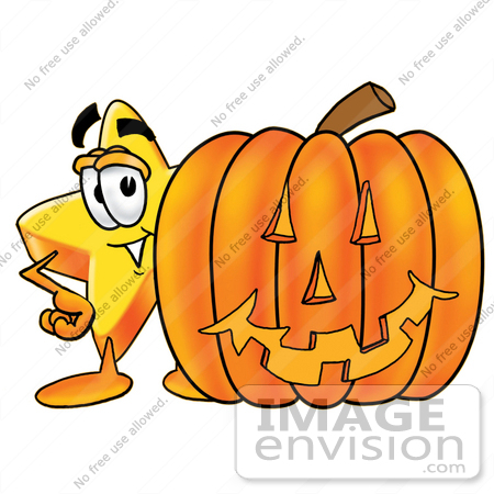 #25192 Clip Art Graphic of a Yellow Star Cartoon Character With a Carved Halloween Pumpkin by toons4biz
