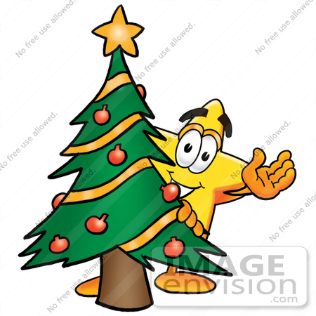 #25194 Clip Art Graphic of a Yellow Star Cartoon Character Waving and Standing by a Decorated Christmas Tree by toons4biz
