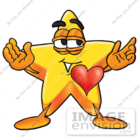 #25196 Clip Art Graphic of a Yellow Star Cartoon Character With His Heart Beating Out of His Chest by toons4biz