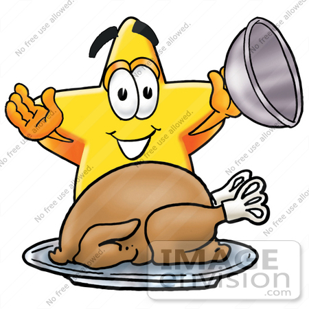 #25198 Clip Art Graphic of a Yellow Star Cartoon Character Serving a Thanksgiving Turkey on a Platter by toons4biz