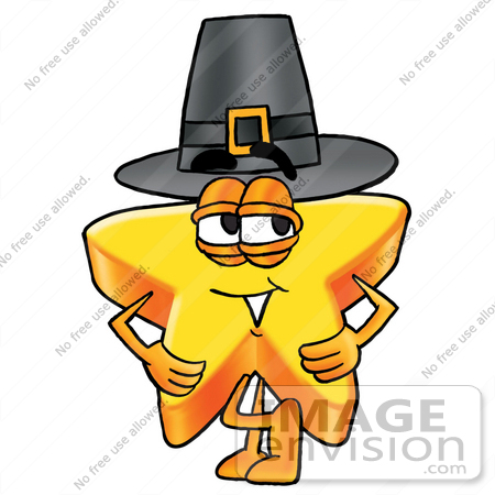 #25199 Clip Art Graphic of a Yellow Star Cartoon Character Wearing a Pilgrim Hat on Thanksgiving by toons4biz