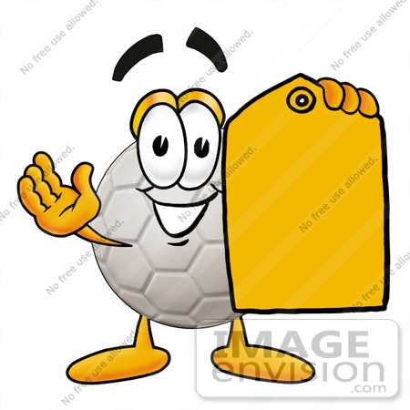 #25201 Clip Art Graphic of a White Soccer Ball Cartoon Character Holding a Yellow Sales Price Tag by toons4biz