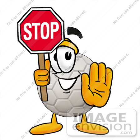 #25203 Clip Art Graphic of a White Soccer Ball Cartoon Character Holding a Stop Sign by toons4biz