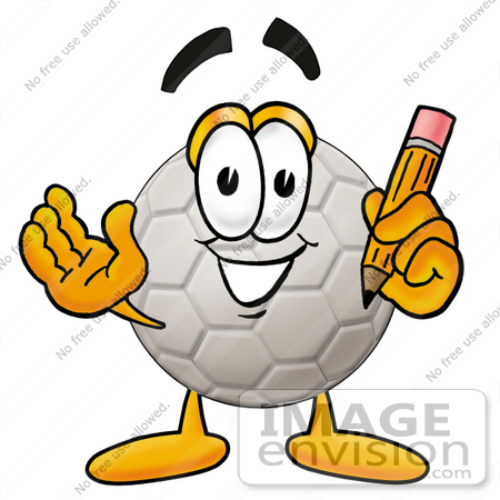 #25205 Clip Art Graphic of a White Soccer Ball Cartoon Character Holding a Pencil by toons4biz