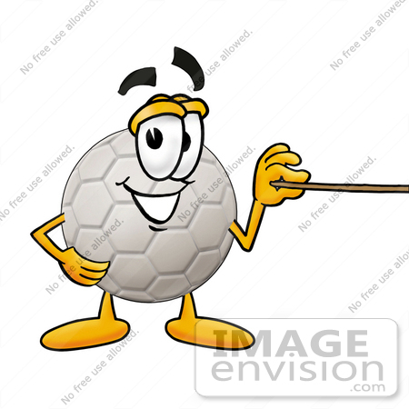 #25209 Clip Art Graphic of a White Soccer Ball Cartoon Character Holding a Pointer Stick by toons4biz
