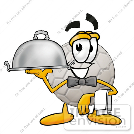 #25210 Clip Art Graphic of a White Soccer Ball Cartoon Character Dressed as a Waiter and Holding a Serving Platter by toons4biz