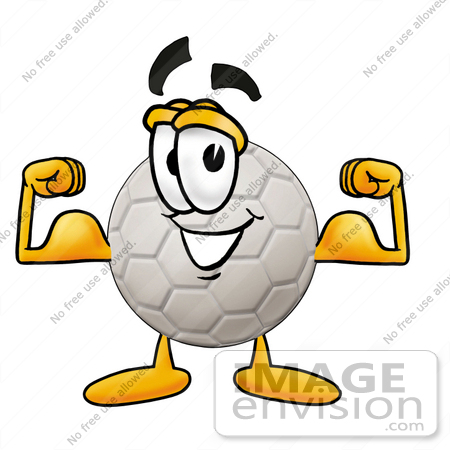 #25214 Clip Art Graphic of a White Soccer Ball Cartoon Character Flexing His Arm Muscles by toons4biz