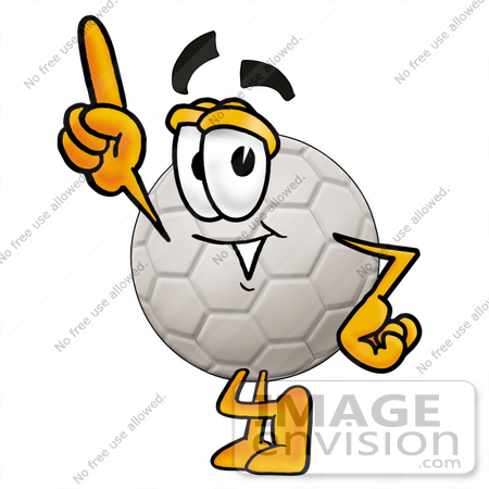 #25216 Clip Art Graphic of a White Soccer Ball Cartoon Character Pointing Upwards by toons4biz