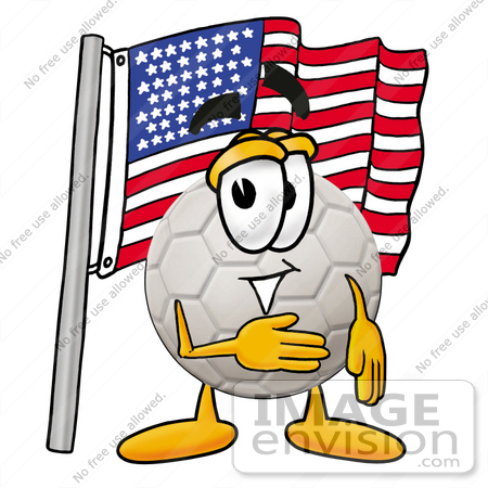 #25219 Clip Art Graphic of a White Soccer Ball Cartoon Character Pledging Allegiance to an American Flag by toons4biz
