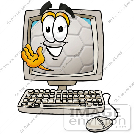 #25221 Clip Art Graphic of a White Soccer Ball Cartoon Character Waving From Inside a Computer Screen by toons4biz