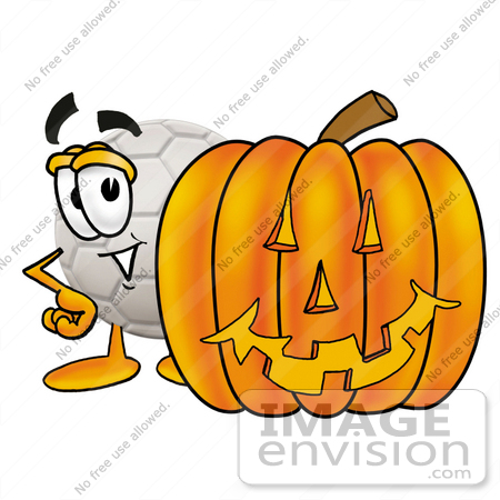 #25222 Clip Art Graphic of a White Soccer Ball Cartoon Character With a Carved Halloween Pumpkin by toons4biz