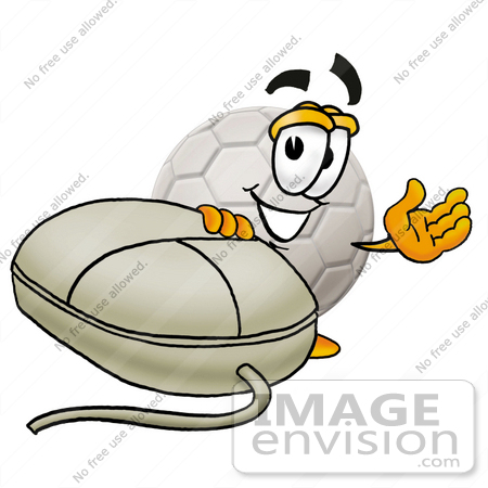 #25230 Clip Art Graphic of a White Soccer Ball Cartoon Character With a Computer Mouse by toons4biz