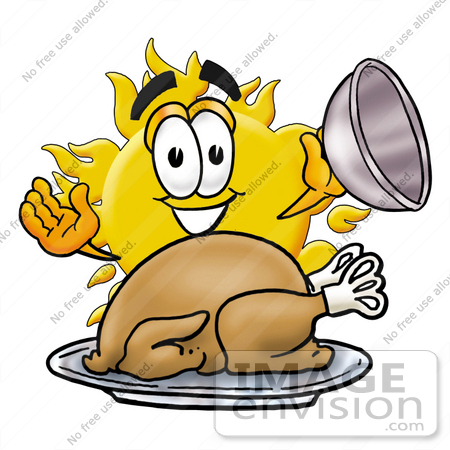#25233 Clip Art Graphic of a Yellow Sun Cartoon Character Serving a Thanksgiving Turkey on a Platter by toons4biz