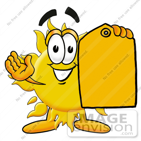 #25234 Clip Art Graphic of a Yellow Sun Cartoon Character Holding a Yellow Sales Price Tag by toons4biz
