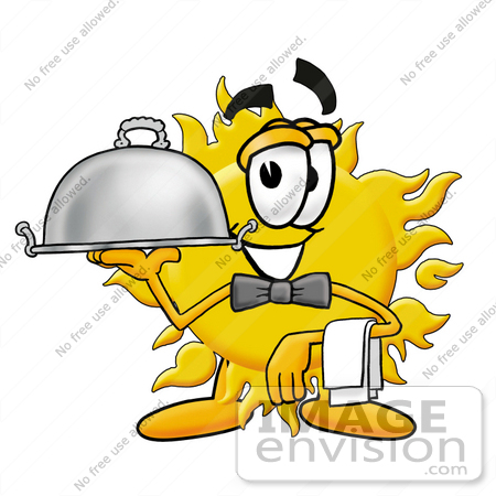 #25235 Clip Art Graphic of a Yellow Sun Cartoon Character Dressed as a Waiter and Holding a Serving Platter by toons4biz