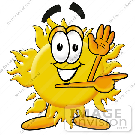 #25237 Clip Art Graphic of a Yellow Sun Cartoon Character Waving and Pointing by toons4biz