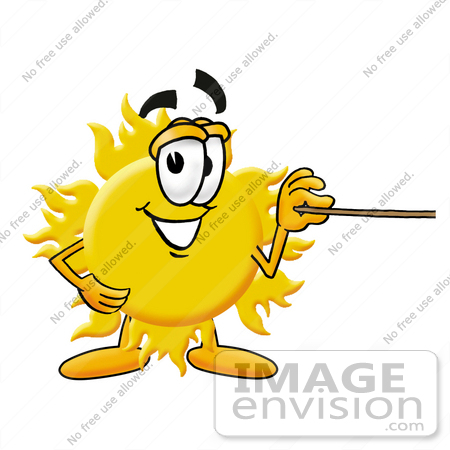 #25239 Clip Art Graphic of a Yellow Sun Cartoon Character Holding a Pointer Stick by toons4biz