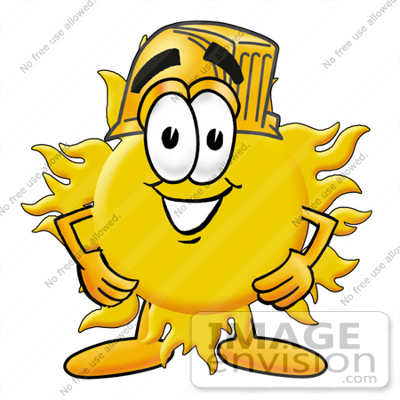 #25245 Clip Art Graphic of a Yellow Sun Cartoon Character Wearing a Hardhat Helmet by toons4biz