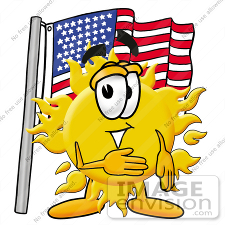 #25250 Clip Art Graphic of a Yellow Sun Cartoon Character Pledging Allegiance to an American Flag by toons4biz