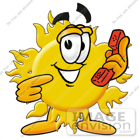 #25254 Clip Art Graphic of a Yellow Sun Cartoon Character Holding a Telephone by toons4biz