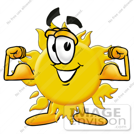 #25255 Clip Art Graphic of a Yellow Sun Cartoon Character Flexing His Arm Muscles by toons4biz