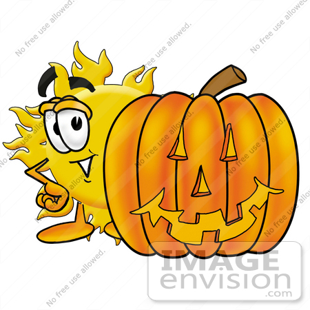 #25257 Clip Art Graphic of a Yellow Sun Cartoon Character With a Carved Halloween Pumpkin by toons4biz