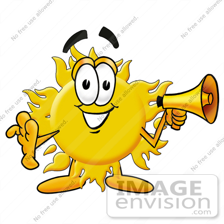 #25258 Clip Art Graphic of a Yellow Sun Cartoon Character Holding a Megaphone by toons4biz