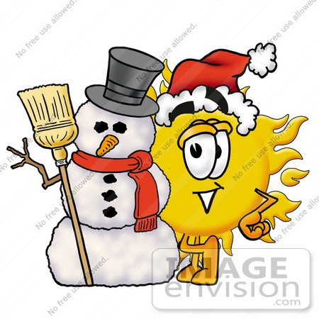 #25260 Clip Art Graphic of a Yellow Sun Cartoon Character With a Snowman on Christmas by toons4biz