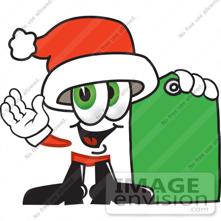 #25268 Clip Art Graphic of a Santa Claus Cartoon Character Holding a Green Sales Price Tag by toons4biz