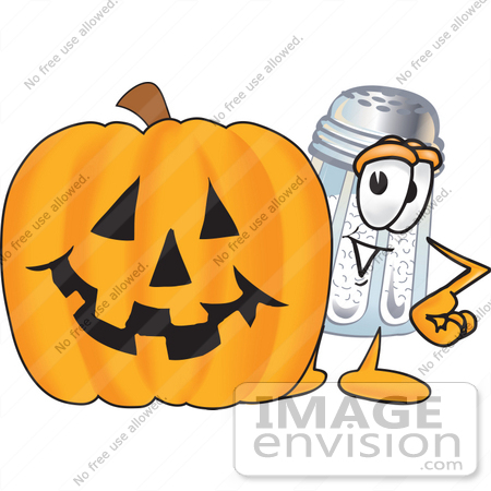 #25278 Clip Art Graphic of a Salt Shaker Cartoon Character With a Carved Halloween Pumpkin by toons4biz